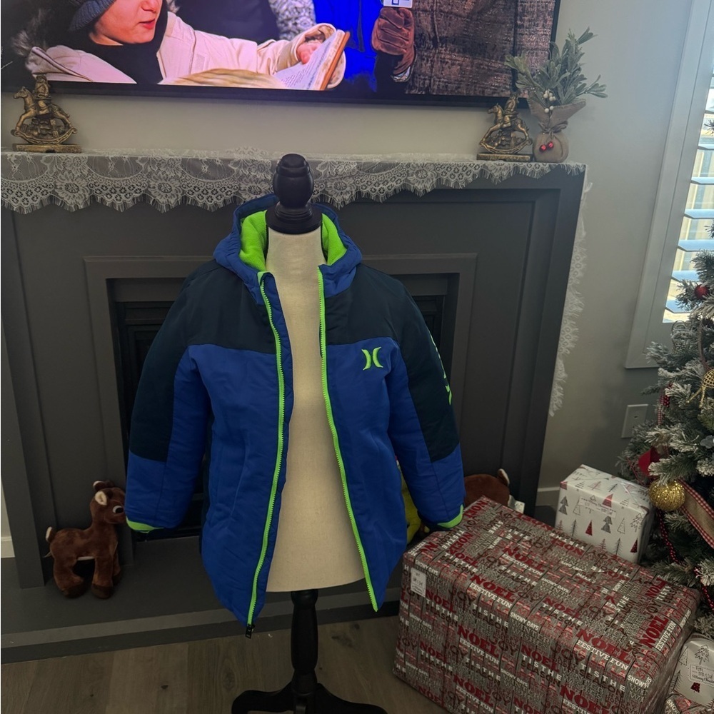 Hurley Kids Hooded Puffer Jacket Blue & Green Youth Medium (10/12)